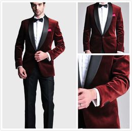 Customize Burgundy Velvet Groom Tuxedos Shawl Lapel One Button Groomsmen Men Formal Suits Business Prom Suit (Jacket+Pants+Tie)NO:69