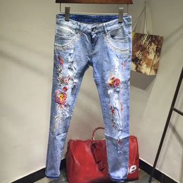 Wholesale-New Arrived Summer Fashion 2017 Jeans with Embroidery Flowers Print Pencil Pants jeans High Quality jeans woman Skinny Denim