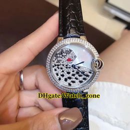 New 36mm 3D Diamond Leopard Dial Swiss Quartz Womens Watch Silver Diamond Bezel Leather Strap Fashion Lady Watches Wife Gift