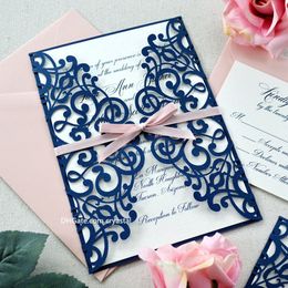 LARA - Navy Laser Cut Wedding Invitation - Glittering Navy Laser Cut Gatefold invite with Blush Pink Ribbon and Envelopes