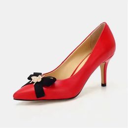 New Womens Pumps Party Nightclub Cow Leather Sexy Bowknot 75mm High Heels Ladies Pointed Toes Shoes With Bee 35-40
