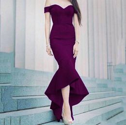 New Hi-Lo Mermaid Prom Dresses Off Shoulder Tea Length Sexy Sweetheart Neck Purple Satin Prom Party Wear Dress Evening Gowns Custom Made