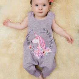 2018 Newborn Baby Clothes Cartoon Unicorn Print Sleeveless Grey Baby Jumpsuits Romper Kids Boutique Clothing Infant Toddler Girls Clothes