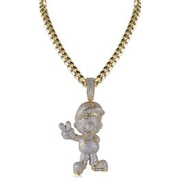 Hip Hop Iced Out Zircon Brass Two Tone Cartoon Character Pendant Necklace for Men Women Bling Jewellery Gift