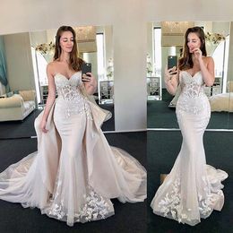 gorgeous sweetheart neck mermaid wedding dresses detachable train lace appliques sweep train chruch style bridal gown custom made