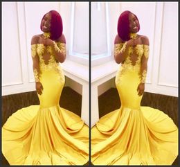 New Free Shipping Yellow Mermaid Black Girls Prom Dresses Custom Made Sheer Long Sleeves Appliques Satin Evening Gowns Off Shoulders