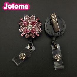 Pedal Flower Retractable ID Badge Reel Holder Rhinestone Pink Brooch For Nurse Medical School