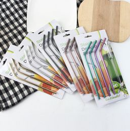 Stainless Steel Straws Sets Eco Metal Reusable Drinking Straw Colourful Barware Tools Wedding Favours Brush Straight Bent YWY1222