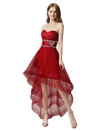 2019 Sweetheart High Low Homecoming Dresses Red Open Back Crystal Party Evening Gowns Vestido de fiesta