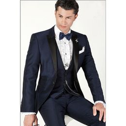 2018 Custom Made One Button Peak Lapel Navy Blue High quality Groom Tuxedos Bridegroom Evening Morning Suits Groomsman Wedding Suit