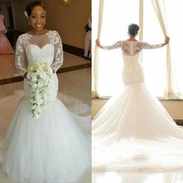 Gorgeous Mermaid Wedding Dresses Lace Appliques Sheer Neck Long Sleeves Bridal Gowns Sweep Train South African Women Wedding Dress