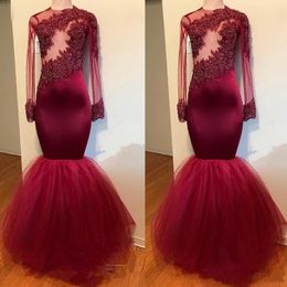 Luxury Burgundy Mermaid Prom Dresses Beaded Appliques Crystals Long Illusion Sleeves Ruffles Tiered Dresses Party Evening Party Gowns