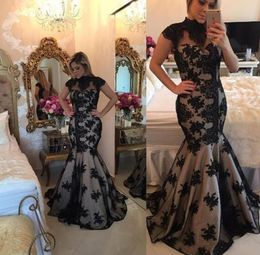 Barbara Melo High Neck Cap Sleeves Evening Dresses Black Applique Lace Prom Dress Sexy Backless Mermaid Formal Party Gowns