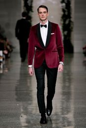 Best Desigen Burgundy Velvet Groom Tuxedos Shawl Lapel Trim Fit Groomsmen Wedding Tuxedos Men Party Suits((Jacket+Pants+Tie+Girdle) NO;429