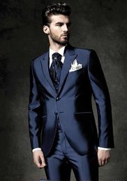 Classic Design Shiny Blue Groom Tuxedos Peak Lapel Two Button Groomsmen Excellent Mens Wedding Tuxedos Man Suit(Jacket+Pants+Vest+Tie) 103