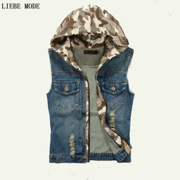 Men Denim Vest Sleeveless Jean Jacket Camouflage Hooded Korean Fashion Mens Denim Waistcoat Jeans Chaleco Hombre