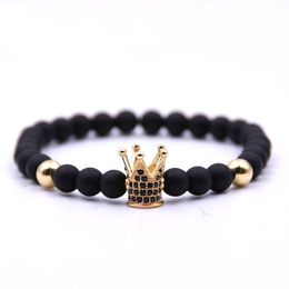 2018 New Trendy Pave CZ King Crown Charm Bracelets Elasticity Adjust Size Men Natural Bianshi Stone Beads For Women Men Jewellery