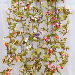 Korean Fake Mini Rose Vine 220cm/86.61" Simulation Autumn Roses with Green Leaf for Wedding Home Artificial Flower Rattan