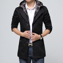 Wholesale- Fashion Brand Long Trench Coat Men 2017 Winte Hat Detachable Hooded Windbreaker Male Casual Cotton Solid Jacket 4XL