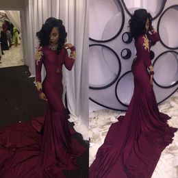 Glamorous Burgundy Long Mermaid Prom Dresses High Neckline Long Sleeves Evening Party Dresses Gold Appliques Beaded Burgundy Prom Gowns
