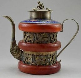 FREE SHIPPING old Tibet Silver Red Jade Carving Dragon Monkey Teapot Garden Decoration 100% real Tibetan Silver Brass