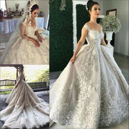 Luxurious Lace Sheer Neck Wedding Dresses Bride Train Arabic V-Neck Plus Size Saudi Arabia Dubai African Bridal Gowns Ball Formal Custom