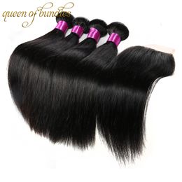 Brazilian Straight Hair Bundles With 4x4 Closure Cheap Human Hair Extensions Unprocessed Brazilian virgin Hair Straight With Lace Closure