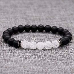 Fashion 8MM Black Matte Beads With White Cracked Crystal Bracelet For Womens Men Yoga Lover Rhinestone Bangle