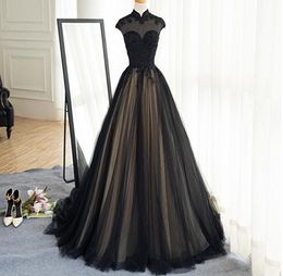 Black A-line Vintage Gothic Wedding Dress With Cap Sleeves Beaded Lace Appliques Lace-Up Back Colourful Bridal Gown With Colour