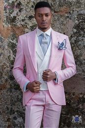 New Arrival One Button Pink Wedding Groom Tuxedos Peak Lapel Groomsmen Mens Business Party Suits (Jacket+Pants+Vest+Tie) NO:1413