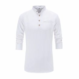 2018 Summer Men Cotton Shirt Long Sleeve Mandarin Collar Slim Fit Shirt Mens Breathable Chinese Style Dress Shirts Men Clothes