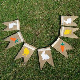 Rabbit Carrot Print Natural Burlap Bunting Banner for Easter Birthday Party Decoration