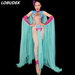 Colorful Flowers Crystals Jumpsuit Sexy Female Nightclub Costume Bar Party Celebration Outfit Model Catwalk Performance Bodysuit Stage Wear