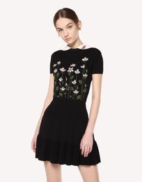 Red Black Floral Intarsia Knit Dress Peter Pan Collar Short Sleeves Short Embroidery Dress