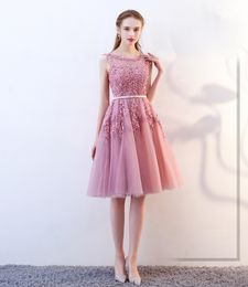 Real Pictures New Arrival Short Prom Dresses Dark Navy Black Pink Red Knee Length Lace Applique Illusion Back Cocktail Dresses HY4234