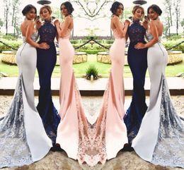 Formal Dresses Modest Mermaid Halter Appliques Beads Backless Trumpet Navy Blue/Blush/Silver Bridesmaid Dresses HY252