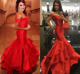 New Evening Dresses Red Mermaid Prom Dresses Sexy Off Shoulder Tiered Ruffles Sweep Train Formal Evening Gowns Red Carpet Gown mm08