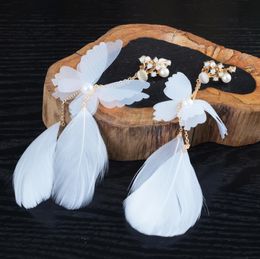 Beautiful long white butterfly earrings feather ear clip earrings wedding gauze dress accessories