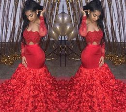 Sexy Red Prom Dresses South African Black Girls Long Sleeves Appliques Holidays Graduation Wear Evening Party Gowns Plus Size