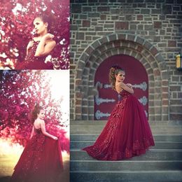 Burgundy Girls Pageant Dresses Sparkly Crystals Bow Lace Strapless A Line Little Girls Party Gowns Flower Girl Dress Custom Made