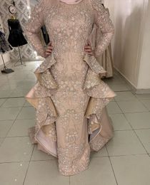 2020 Arabic Aso Ebi Muslim Luxurious ace Beaded Evening Dresses Sheath Sexy Prom Dresses Long Sleeves Formal Party Second Reception Gowns 05