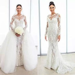 Lace Mermaid Gorgeous Dresses with Tulle Puffy Overskirt Illusion Long Sleeves Custom Wedding Dress Bridal Gowns