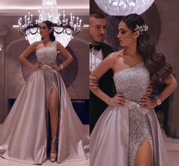 New Bling Sexy Evening Dresses Wear One Shoulder Sequins Lace Side High Split Detachable Train Overskirts Floor Length Plus Size Prom Gowns