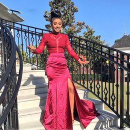 Prom Dresses Red Mermaid Long Sleeves Appliques Party Gowns With Side Slit Sweep Train Satin Sexy Women Long Gowns