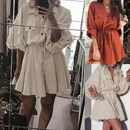 SHUJIN 2019 Hot Vintage Women Classic Shirt Dress Fashion Lantern Sleeve Short Dress Lace up Belt Cotton linen Dress Vestidos