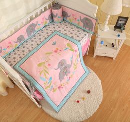 elephant skirt UK - New arrival 7Pcs Baby girl bed linens cotton Cot bedding set Crib bumper set Flowers bloom Elephant Crib bed set Quilt Bumper skirt