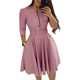 Fashion-Women O Neck Half Sleeve Elegant Tunic Party Dress Female Zipper Pleated Casual Office Work Lady Vintage Vestido With Belt