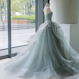 Strapless Sage Ball Gown Prom Dress Lace-up/Zipper Back Sweep Train Evening Gowns