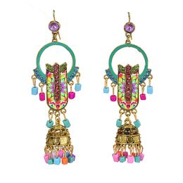 Bohemian Style with Colour Beads Drop Dangle Jhumka with Rhinestone Earrings Women Classic Retro Turkey Gold Tassel Earrings