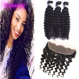Malaysian Human Hair Ear To Ear Lace Frontal With Three Bundles Deep Wave 13X4 Lace Frontals Bundles Natural Color